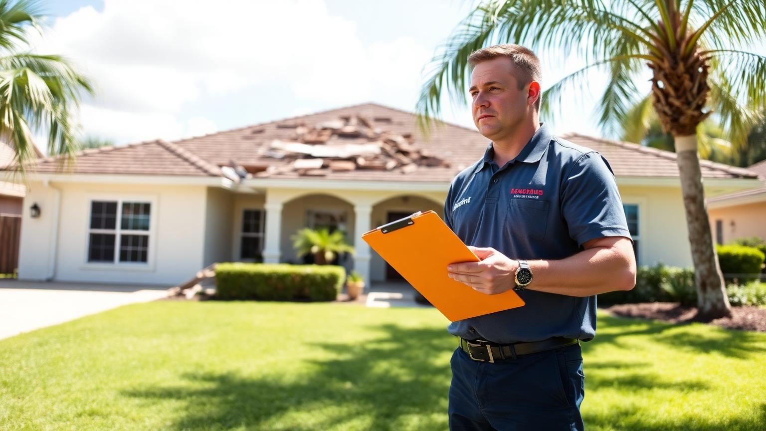 Public adjuster inspecting roof damage on a Florida home after a storm