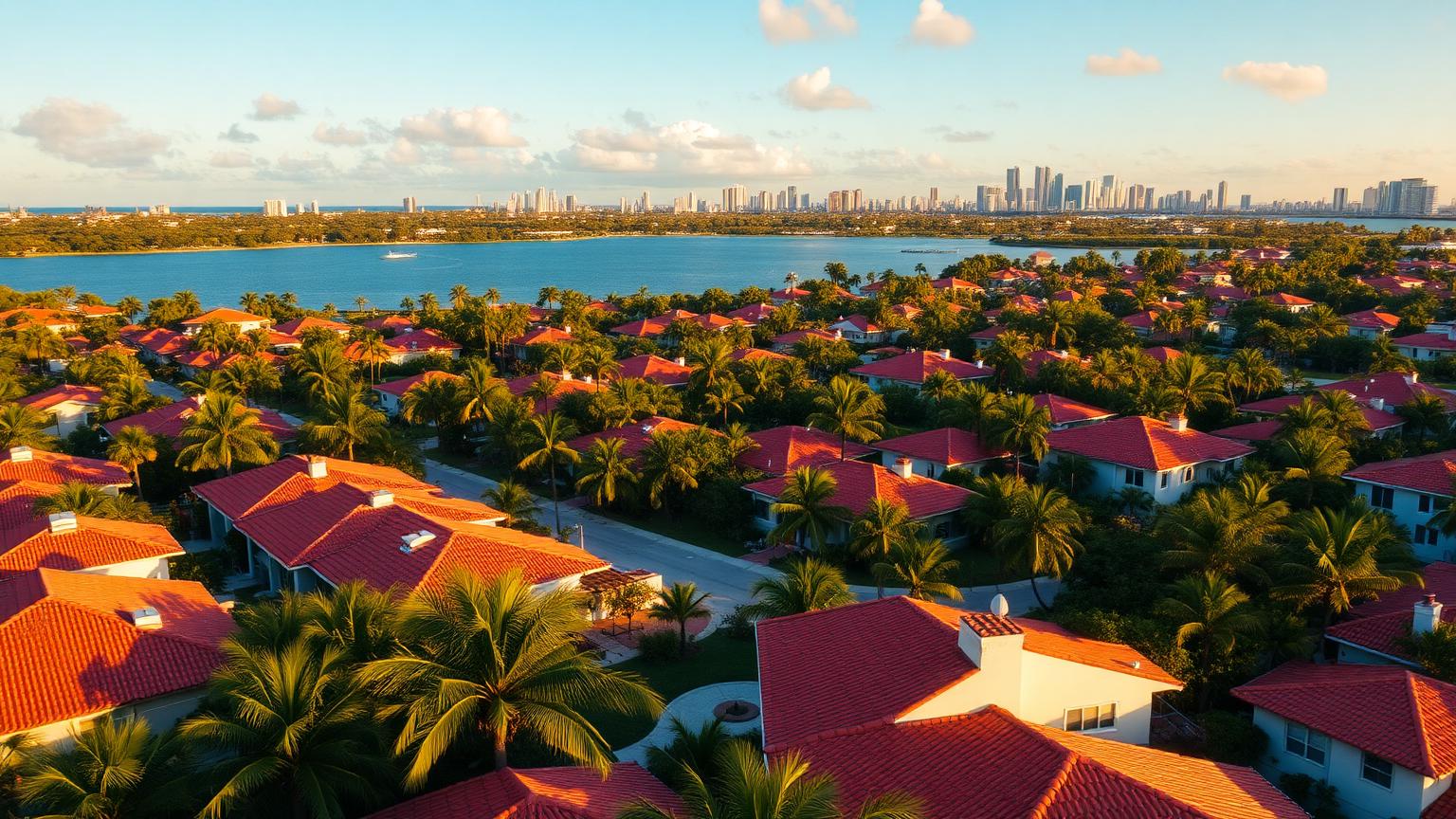 Aerial view of a Miami residential neighborhood with red tile roofs and palm trees
